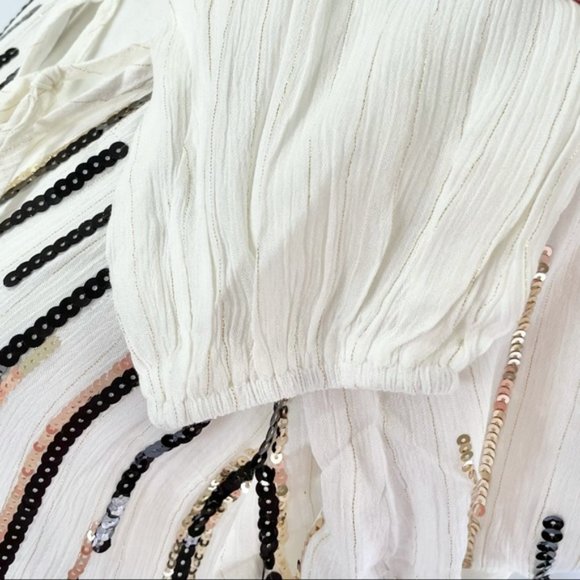 New Free The Roses Sequin Striped Tassel Tie Peasant Top Ivory Black Gold Medium - Picture 8 of 16